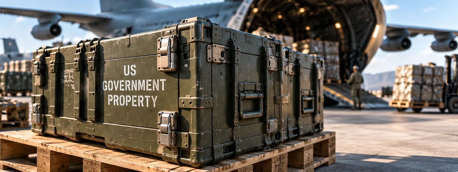 Military supply crates stencilled US Government Property, stacked on a pallet.