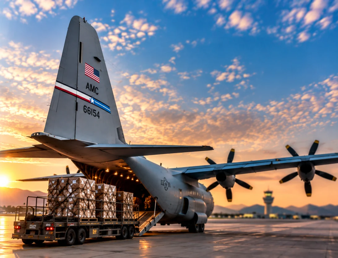 Cargo pallets being loaded onto a United States Air Force transport aircraft at dusk.
